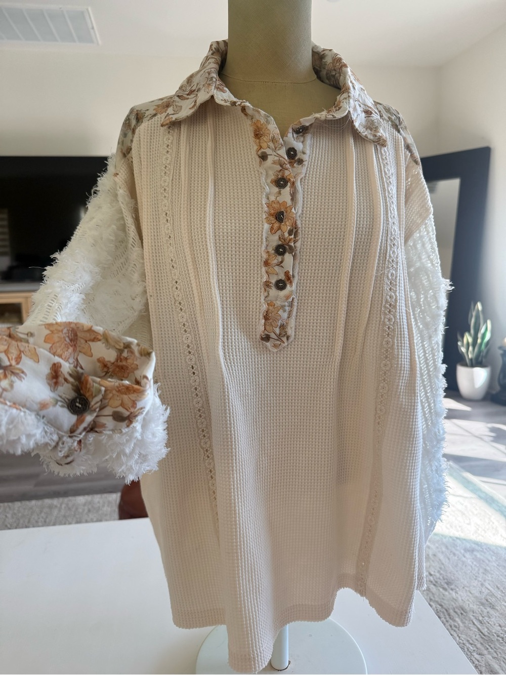 POL Floral bohemian chunky knit Half Button Lace blouse Long sleeve flowy top